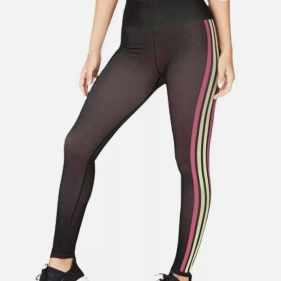 Fabletics High-Waisted Seamless Stripe Leggings | Size L | Black w/ Pink & Green - Picture 10 of 12